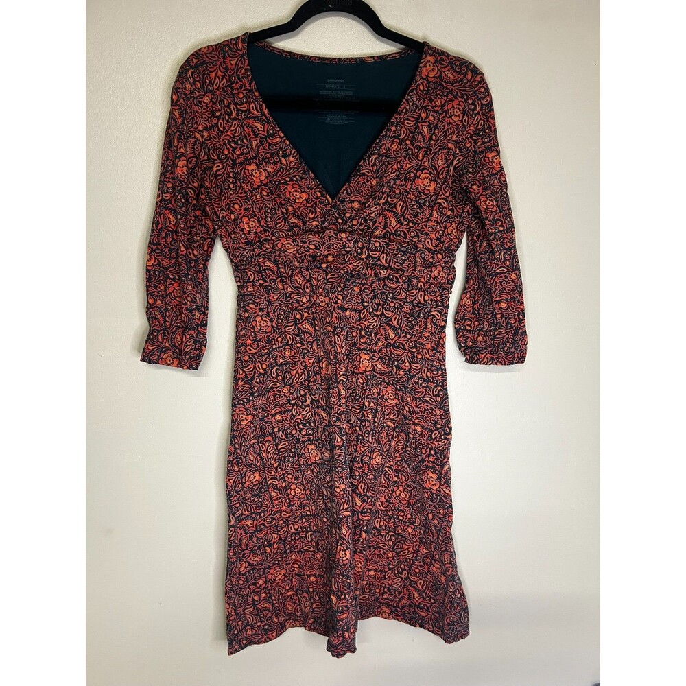 Patagonia Margot Dress orange and navy floral paisley print 3/4 sleeves Size S